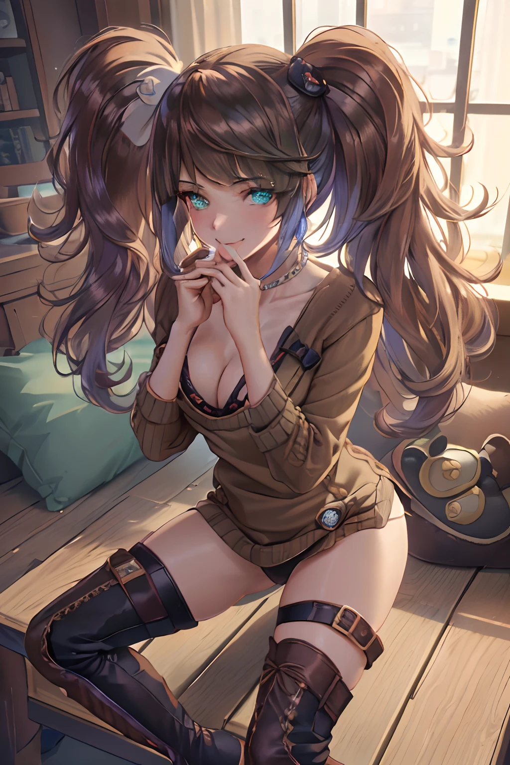 masterpiece, best quality, YelanV4, 1girl, solo, looking at viewer, blush, smile, large breasts, cleavage, green eyes, ((brown sweater, black legwear, ankle boots, boots:1.3)), couch, coffee, holding cup, ((hands on hip)), pelvic curtain, mole on breast, vision (genshin impact), cowboy shot