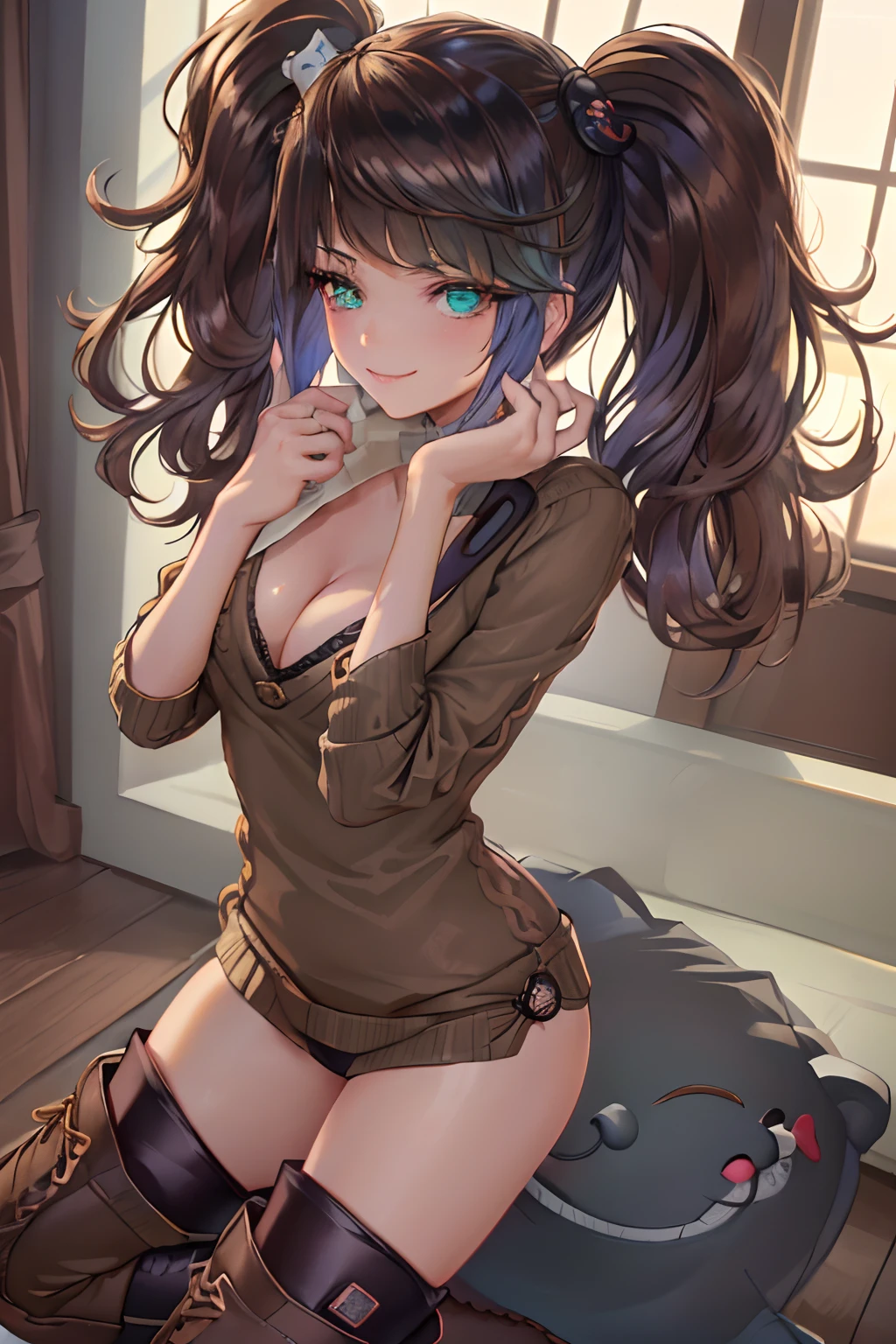 masterpiece, best quality, YelanV4, 1girl, solo, looking at viewer, blush, smile, large breasts, cleavage, green eyes, ((brown sweater, black legwear, ankle boots, boots:1.3)), couch, coffee, holding cup, ((hands on hip)), pelvic curtain, mole on breast, vision (genshin impact), cowboy shot