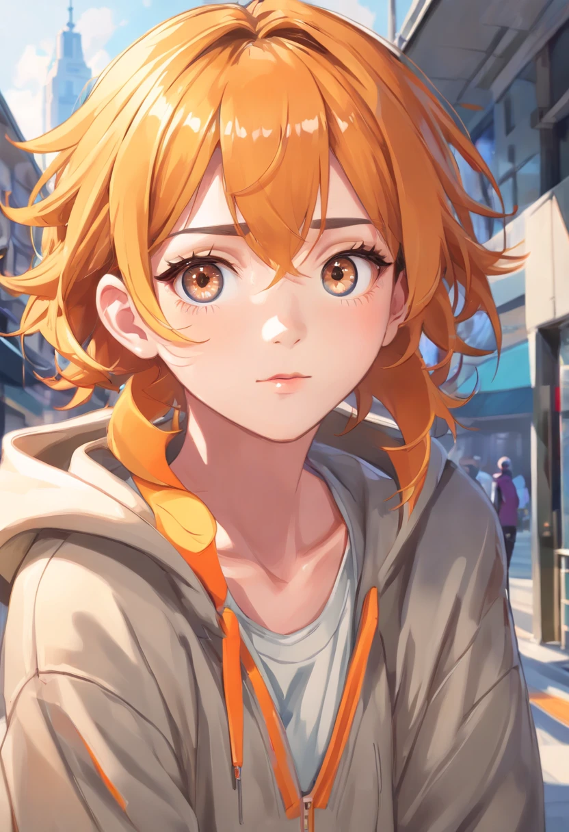 (beautiful detailed eyes:1.6), extremely detailed face, perfect lighting, extremely detailed CG, (perfect hands, perfect anatomy),, orange hair, short hair, curly hair, hair tied back, front, orange eyes, in a light orange hoodie, black pants