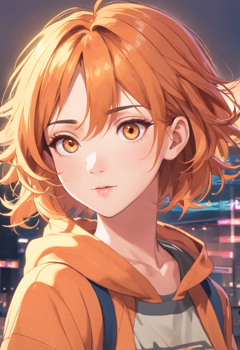 (beautiful detailed eyes:1.6), extremely detailed face, perfect lighting, extremely detailed CG, (perfect hands, perfect anatomy),, orange hair, short hair, curly hair, hair tied back, front, orange eyes, in a light orange hoodie, black pants