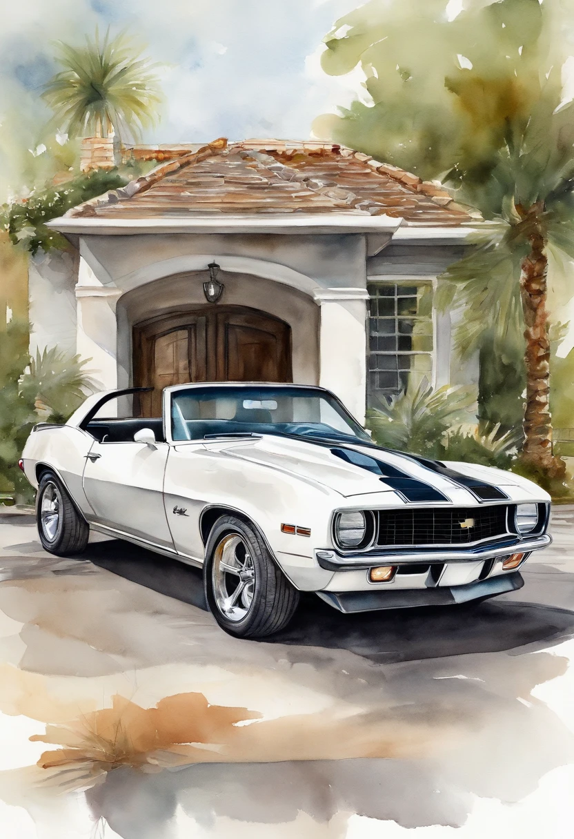 Realistic (chevrolet camaro | |) All white body with black hood, park in front of house with hot girl sitting next to the hood