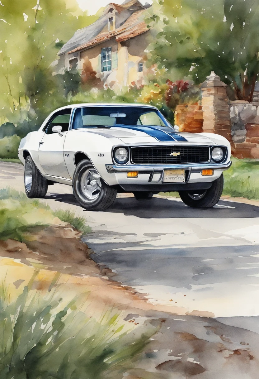 Realistic (chevrolet camaro | |) All white body with black hood, park in front of house with hot girl sitting next to the hood