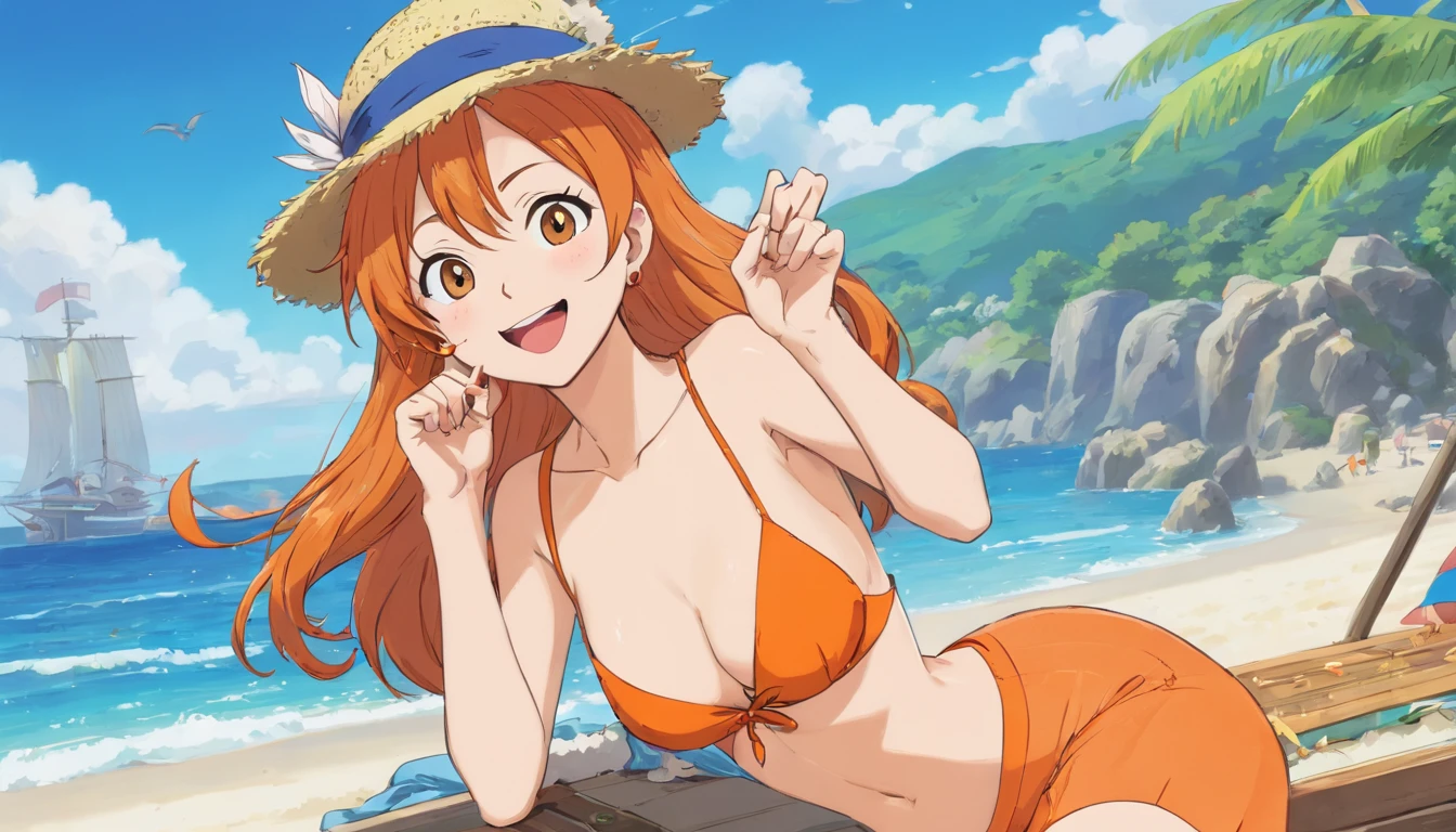 Generate a high-resolution image of Nami from One Piece with a drawing style close to that of Eichiro Oda , Very very high quality image, Nami sits on a beach lounge chair with a pirate hat and tangerine in her hand , elle porte un soutien gorge de couleur orange qui laisse entrevoir sa grosse poitrine plantureuse, elle met un pantalon assez moulant et lance un sourire provocateur et confiant, rolling his tongue over his clear lips , The lines must be fine and the photo of high quality, elle regarde le public , finely detailed, mignon, Nami a 23 ans