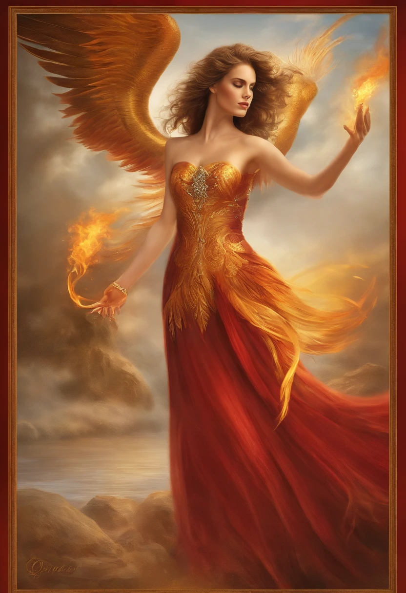 phoenix，The golden emblem of the Flame Phoenix, brilhantemente, um majestoso, All eyes were on the details of the Phoenix burning, atmosfera deslumbrante，Paleta de cores dourada e vermelha rica, luzes brilhantes, Effects of flame and smoke splashes