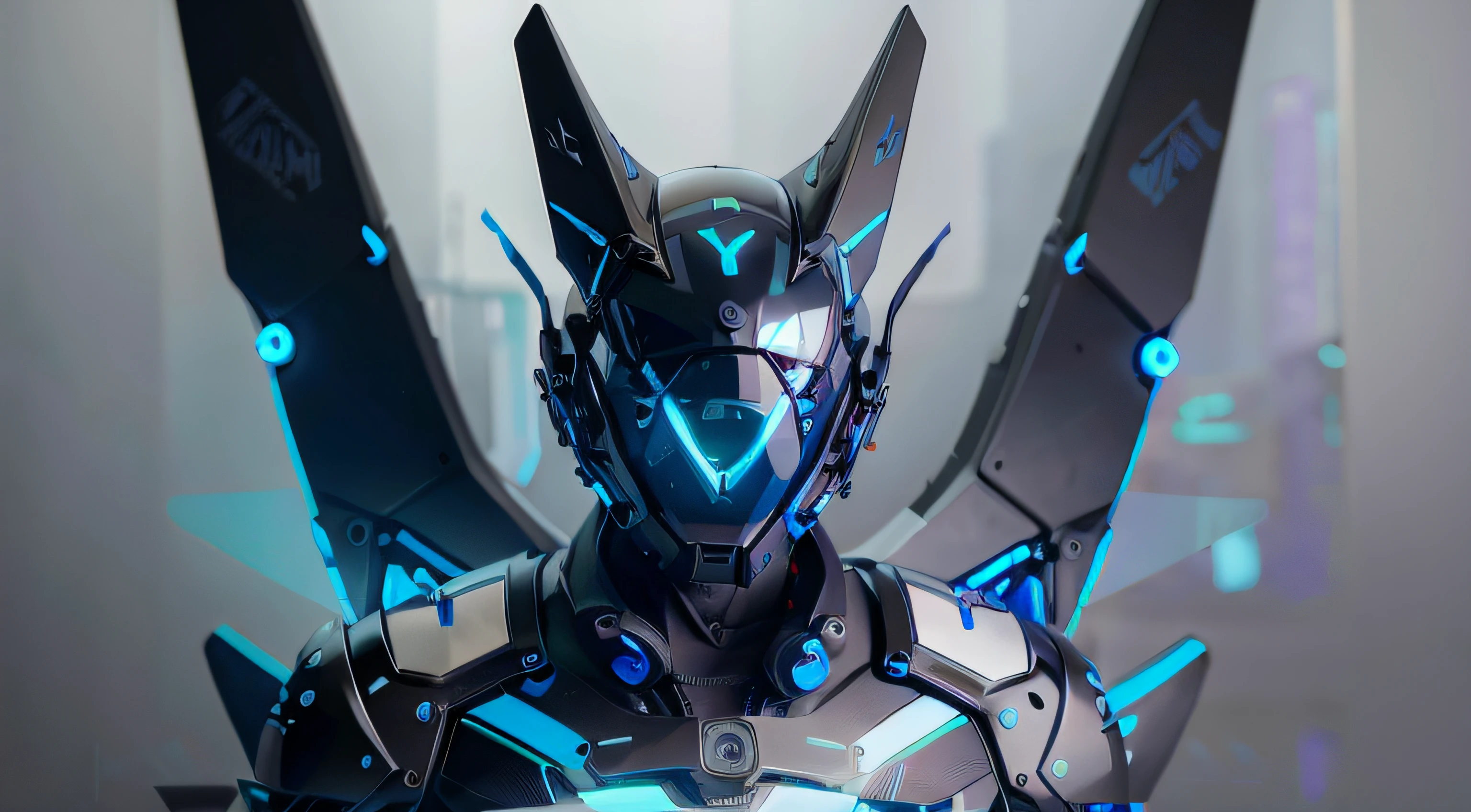 masterpiece, best quality, a close up of a futuristic looking cyborg man with a fantastic cyberhelmet head with blue triangle led lights and a halo, wearing a blue techwear jacket, black background. neon blue butterfly wings leds.