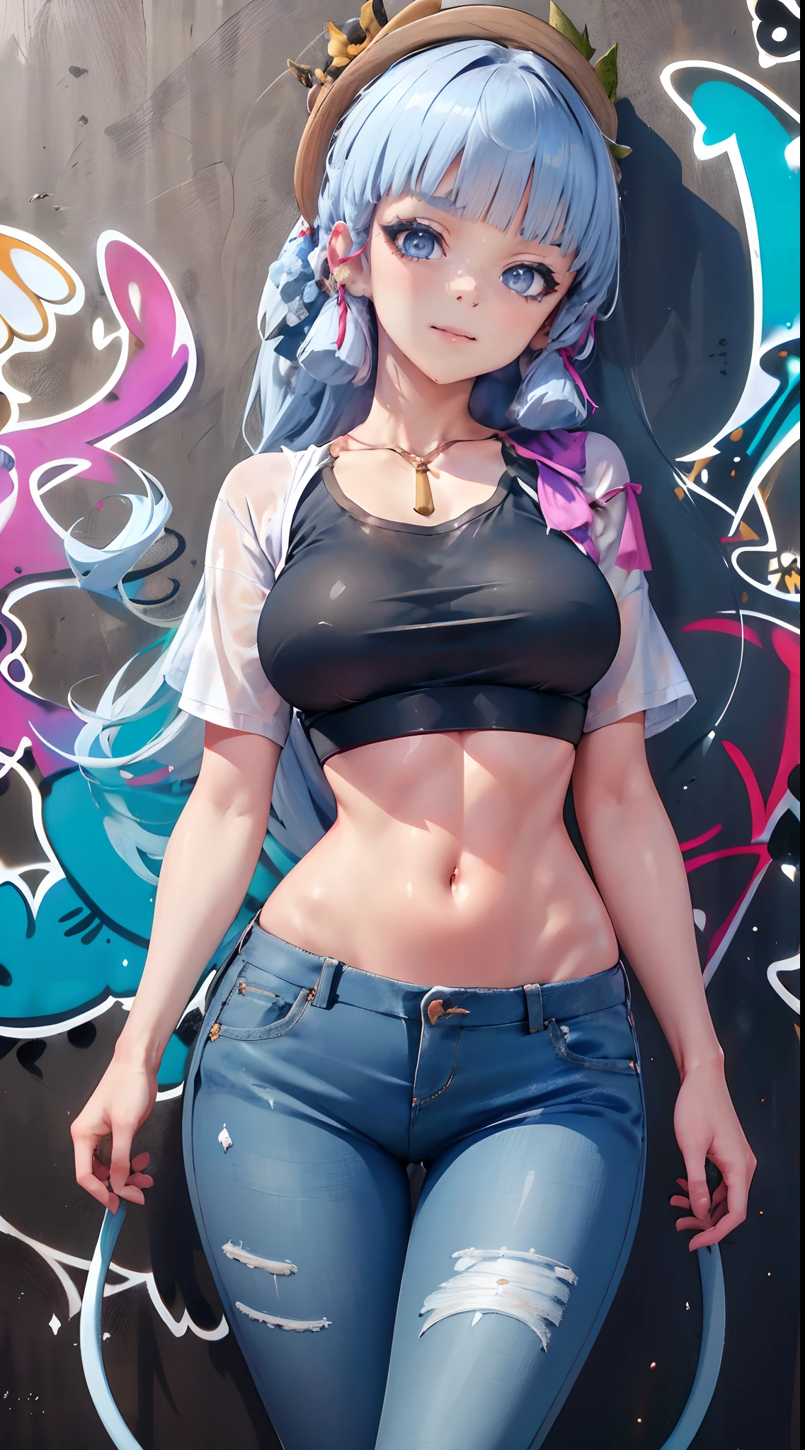 kamisato ayaka|genshin impact, master-piece, bestquality, 1girls,20 age, Double tail hairstyle, proportional body, crop top, Long Jeans, oversized breasts, ,bara, crop top, shorts jeans, (Graffiti:1.5), Splash with purple lightning pattern., arm behind back, against wall, View viewers from the front., Head tilt,