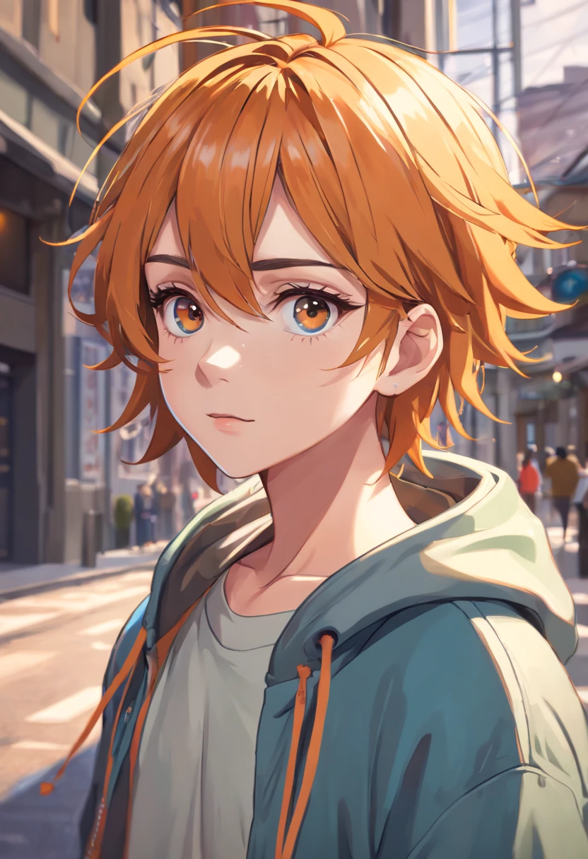 (beautiful detailed eyes:1.6), dude, teenage boy, extremely detailed face, perfect lighting, extremely detailed CG, (perfect hands, perfect anatomy),16 years old, orange hair, short hair, curly hair, hair tied back, front, orange eyes, in a light orange hoodie, black pants