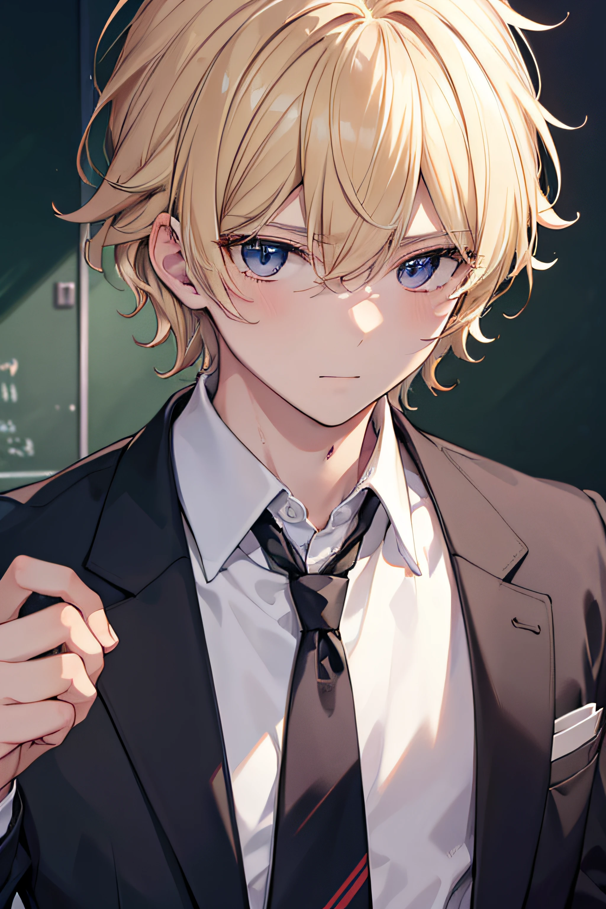 1.5, best quality, high quality, High definition, High quality texture, High quality shadow, high detail, beautiful detailed, finely detailed, extremely detailed cg, detailed texture, 1man, boy, male, blonde hair, messy hair, ((school uniform)), ((cool))), delinquent