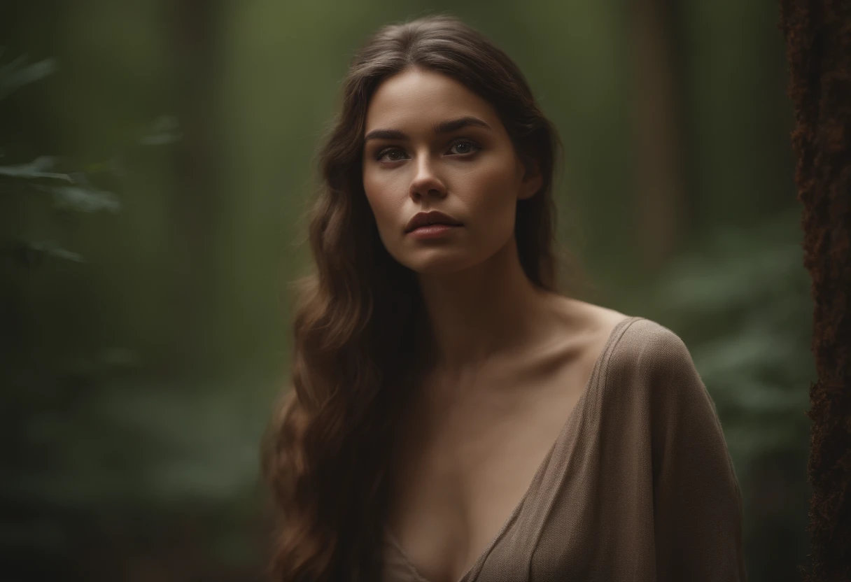 A Female nude model and photographer、Models with bold poses、Filming in a forest park、A detailed face、Detailed limbs、full body wide shot