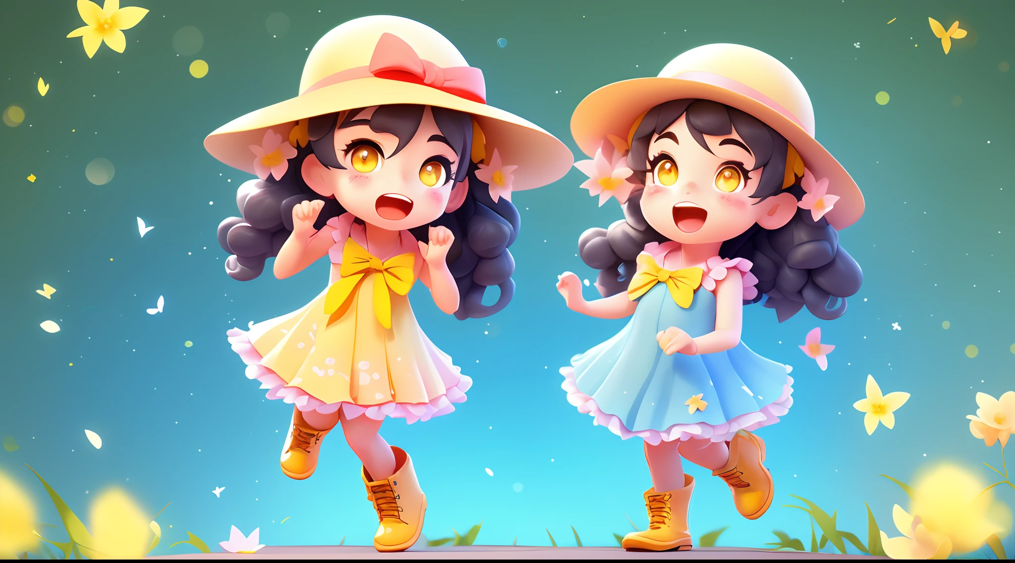 1人、blue ribbons、florals、Windy, That's why I'm wearing a hat、Yawning face、Longer dress、length hair、bow ribbon、Sleeveless、a straw fedora hat、Eye Up、yellow  eyes、Urban Park、butterflys々is flying、kawaii pose、I'm wearing cute boots、Stronger bokeh effect