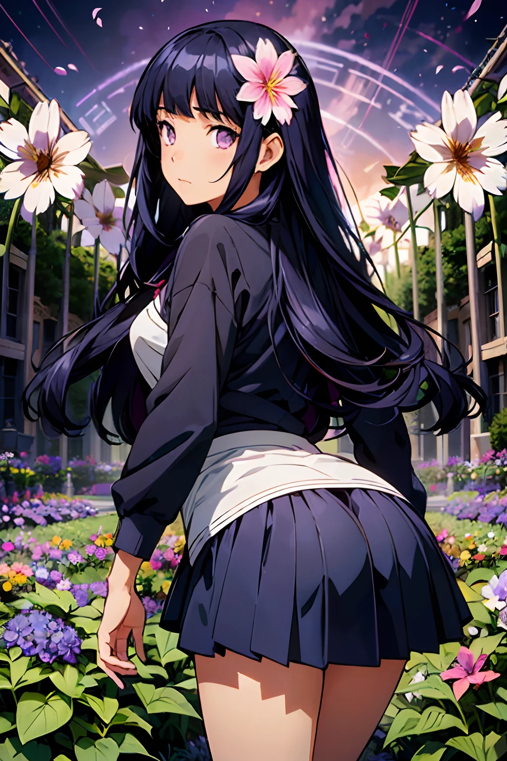 absurderes, hight resolution, (Official art, Beautiful and aesthetic:1.2), (Close View:1.2), Front composition,
1girl in, (Long hair:1.2), dark blue hair, Wavy Hair, Blunt Bangs, purple eyes,
(Everywhere in the flower garden:1.6), (Flower Effects:1.2), (Floral background:1.2), (Background filled with flowers:1.4), (Fancy backgrounds:1.1)、(a miniskirt、upturned ass、light skinned、kawaii、Embarrassing、Super beauty、Upturned、Get on all fours with your big butt sticking out towards the viewer、While staring at the viewer、The silhouette is eroi)
