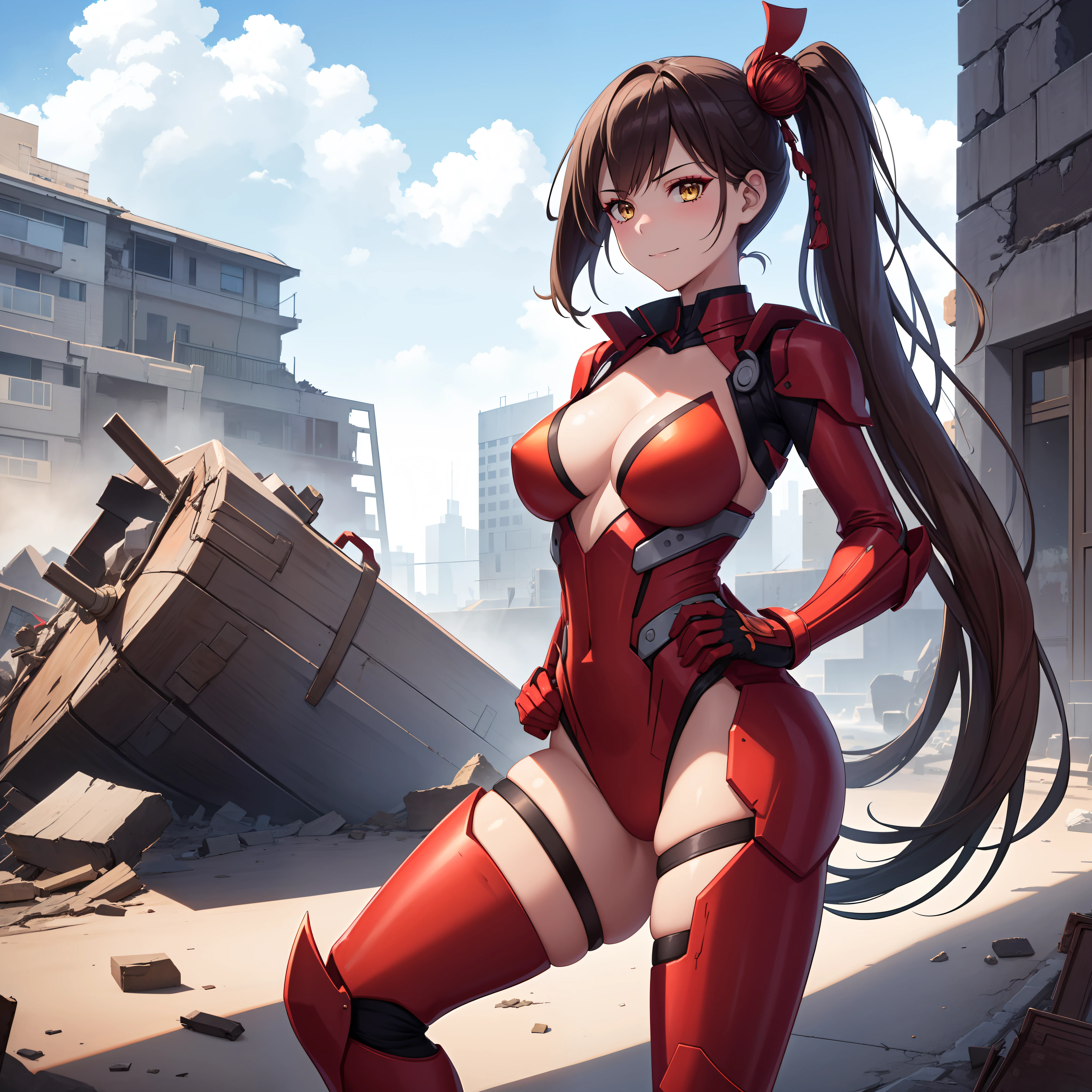 1girl,Zuikaku in Iron suit,gigantic breasts,superhero pose,standing in ruined city,(8k),scratches,detailed face,brown hair,yellow eyes,very long hair,embarassed,small smile face, side ponytail,orange eyeshadow,hair ornament, high_res, high_definition,