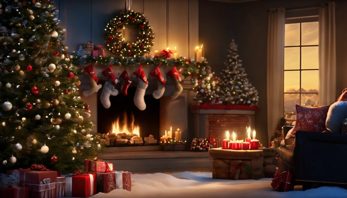 (best quality,4k,8k,highres,masterpiece:1.2),ultra-detailed,(realistic,photorealistic,photo-realistic:1.37),Christmas, jolly atmosphere, Santa Claus, joyful kids, beautifully decorated Christmas tree, vibrant colors, snowy landscape, heartwarming moments, cozy fireplace, twinkling lights, shiny ornaments, delicious treats, gift-giving, laughter and happiness, festive attire, magical reindeer, joyful carolers, warm hugs, cheerful smiles, elaborate presents, festive decorations, cute snowman, stockings filled with surprises, sleigh rides, winter wonderland, cozy family gatherings, holiday spirit, magical moments, merry celebrations, joyful anticipation, peaceful and joyful scene, happy faces, frosty breath, shimmering snowflakes, Santa's workshop, children's excitement, magical surprises, snow-covered rooftops, sparkling starry sky, glowing candles, joyful reunions, festive music, mistletoe, Santa's sleigh in the night sky, magical aurora borealis, shimmering icicles, joyous laughter, Santa's naughty and nice list.
