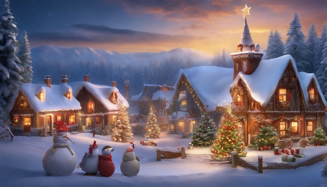 (best quality,4k,8k,highres,masterpiece:1.2),ultra-detailed,(realistic,photorealistic,photo-realistic:1.37),Christmas, jolly atmosphere, Santa Claus, joyful kids, beautifully decorated Christmas tree, vibrant colors, snowy landscape, heartwarming moments, cozy fireplace, twinkling lights, shiny ornaments, delicious treats, gift-giving, laughter and happiness, festive attire, magical reindeer, joyful carolers, warm hugs, cheerful smiles, elaborate presents, festive decorations, cute snowman, stockings filled with surprises, sleigh rides, winter wonderland, cozy family gatherings, holiday spirit, magical moments, merry celebrations, joyful anticipation, peaceful and joyful scene, happy faces, frosty breath, shimmering snowflakes, Santa's workshop, children's excitement, magical surprises, snow-covered rooftops, sparkling starry sky, glowing candles, joyful reunions, festive music, mistletoe, Santa's sleigh in the night sky, magical aurora borealis, shimmering icicles, joyous laughter, Santa's naughty and nice list.