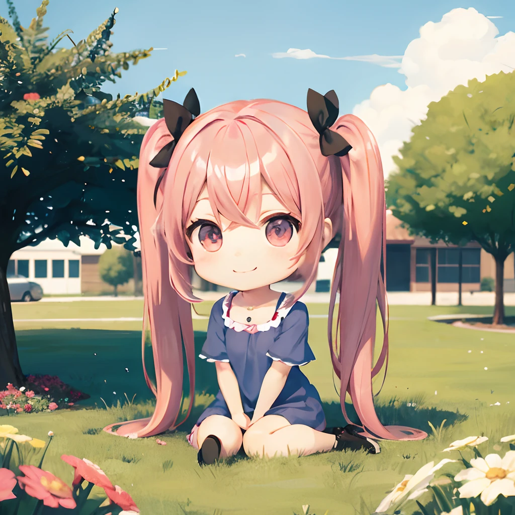 Cute chibi anime sitting on flowers, long pink hair with twin tails、Wear a blue mini dress, Smiling, Logo is cheap