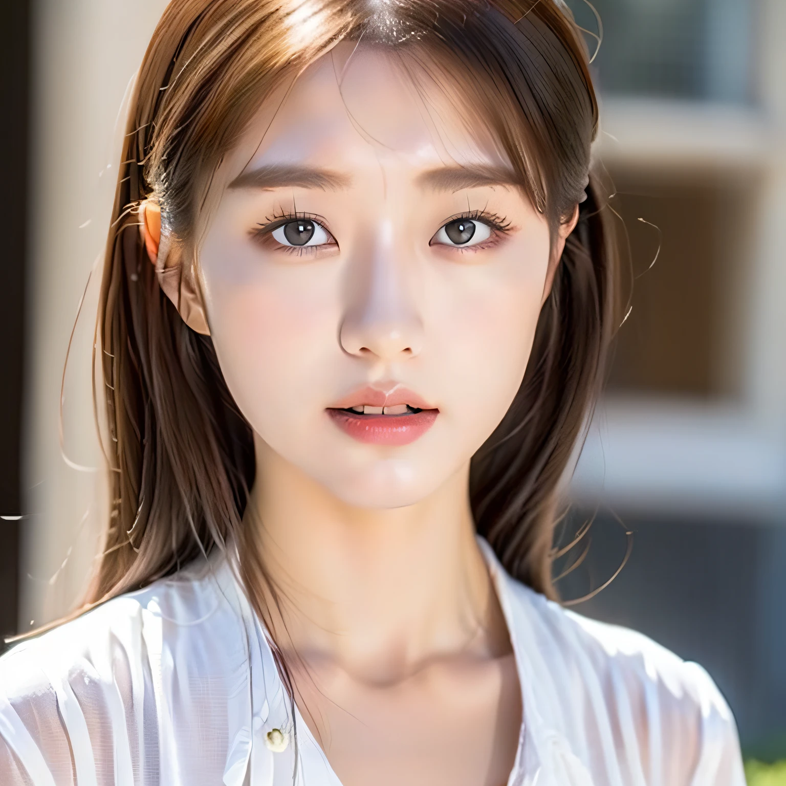 ((Best quality, 8k, Masterpiece :1.3)), Sharp focus :1.2, A pretty woman with perfect figure :1.4, Slender abs :1.2, ((Dark brown hair, Big breasts :1.2)), (White button up long shirt :1.1), City street:1.2, Highly detailed face and skin texture, Detailed eyes, Double eyelid