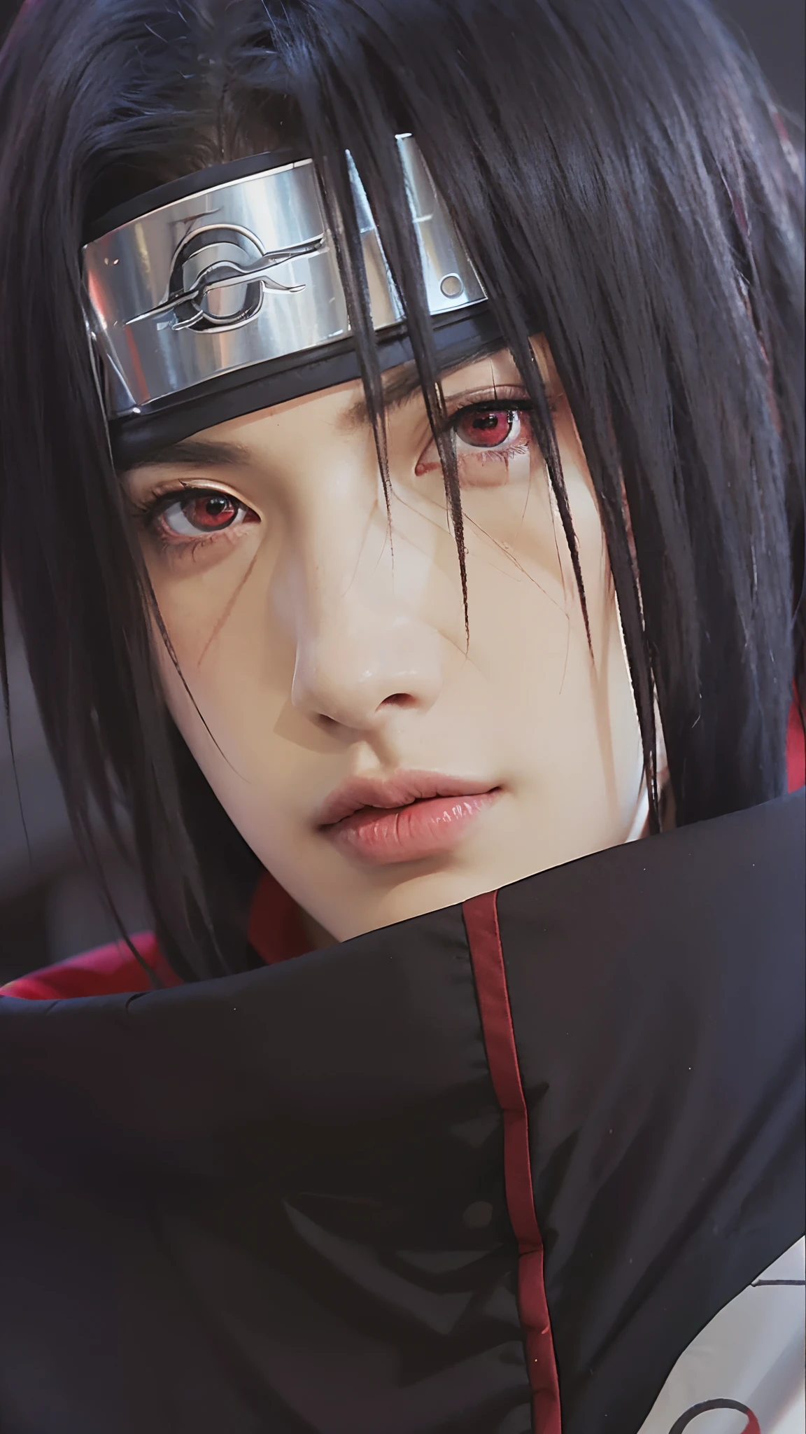 1male, uchiha itachi in anime naruto shippuden, long hair , black hair, red eyes, handsome, black clothes, realistic clothes, detail clothes, city background, ultra detail, realistic