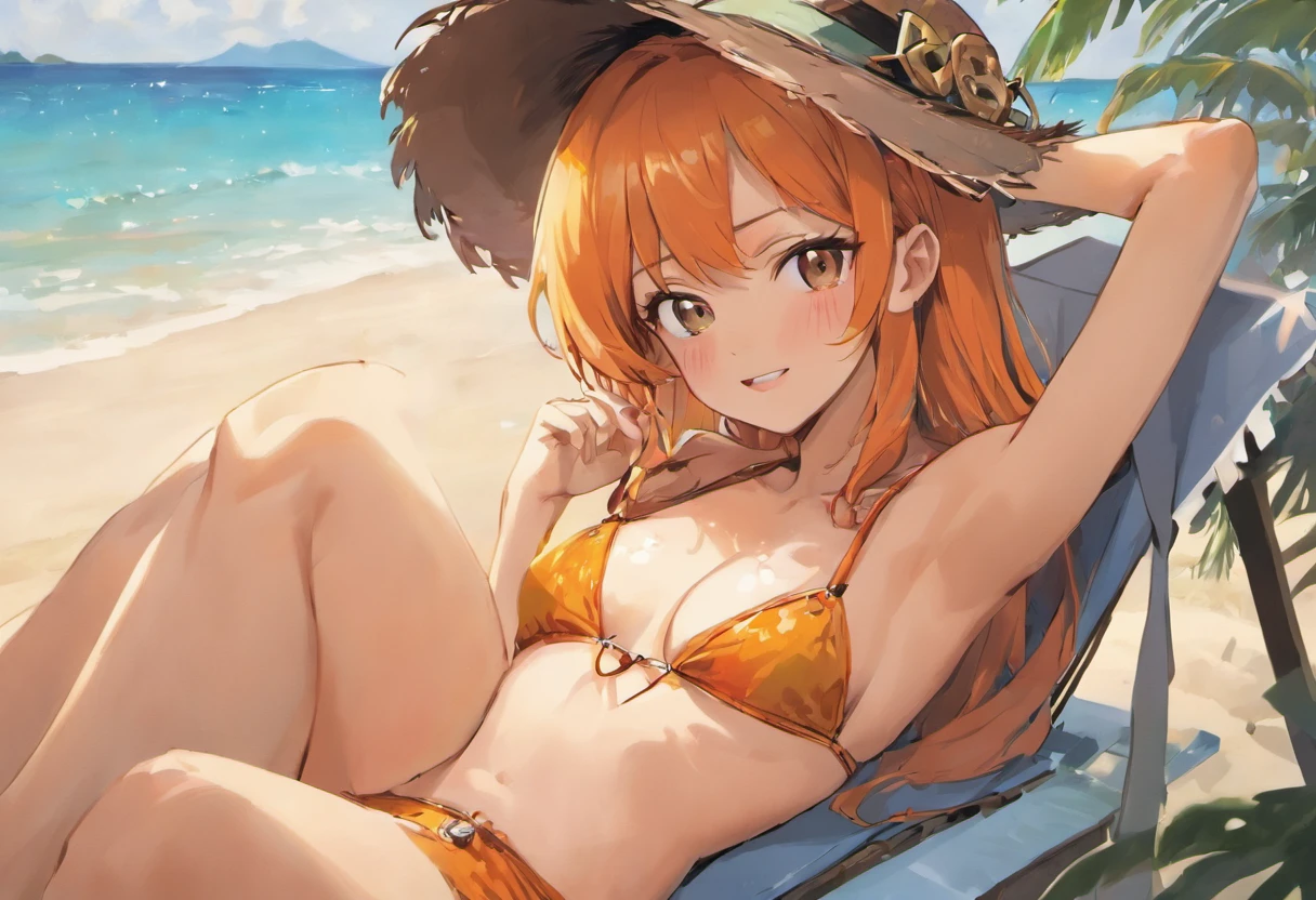 Generate a high-resolution image of Nami from One Piece with a drawing style close to that of Eichiro Oda , Very very high quality image, Nami sits on a beach lounge chair with a pirate hat and tangerine in her hand , elle porte un soutien gorge de couleur orange qui laisse entrevoir sa grosse poitrine plantureuse, elle met un pantalon assez moulant et lance un sourire provocateur et confiant, rolling his tongue over his clear lips , The lines must be fine and the photo of high quality, elle regarde le public , finely detailed, mignon, Nami a 23 ans, she has a pirate hat with a skull drawn on it and tight pants , elle a 23 ans , AND WHERE IS HIS PIRATE HAT AND TANGERINE ?