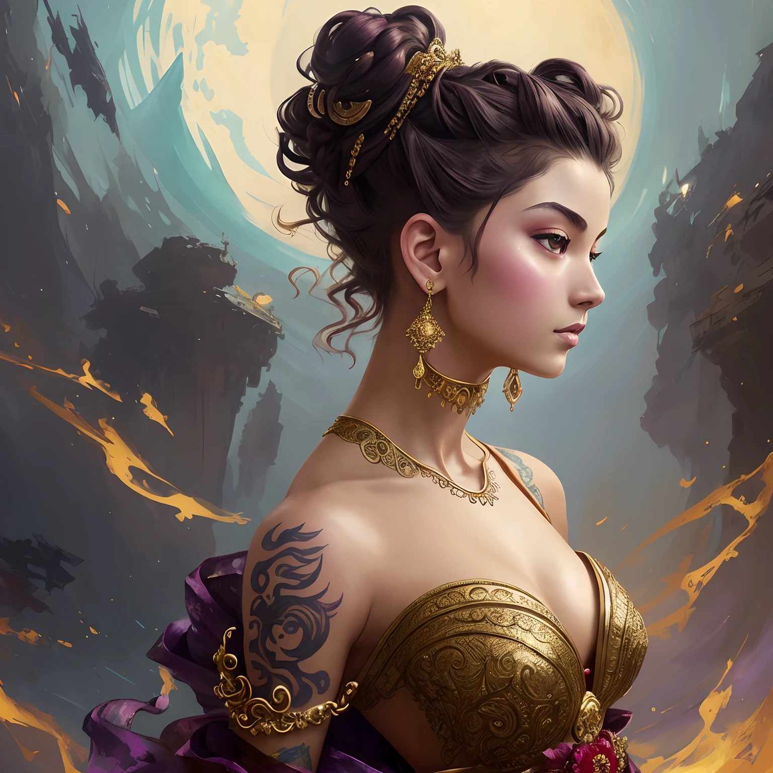 An epic painting of a 19 years old girl figure, curly messy high bun hairstyle, whimsically designed oriental tattoos, subject wearing a gold and ruby high fashion gown, flowing, ornate, beautiful, forbidden beauty, dramatic earth colors, with few vivid purple highlights, by jeremy mann and greg rutkowski, trending on artstation, pixiv, oil on canvas --auto
