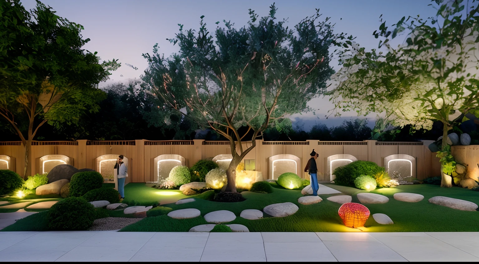 there is a small garden with a lot of trees and flowers, realistic garden, garden with fruits on trees, garden landscape, royal garden landscape, beautiful garden on background, realistic fantasy render, garden environment, in style of 3d render, lush garden in the background, suburban garden, lush garden surroundings, high quality rendering, rendering, photorealistic style, beautiful ancient garden behind,night scene,many very bright ((multi-colored LED lights))