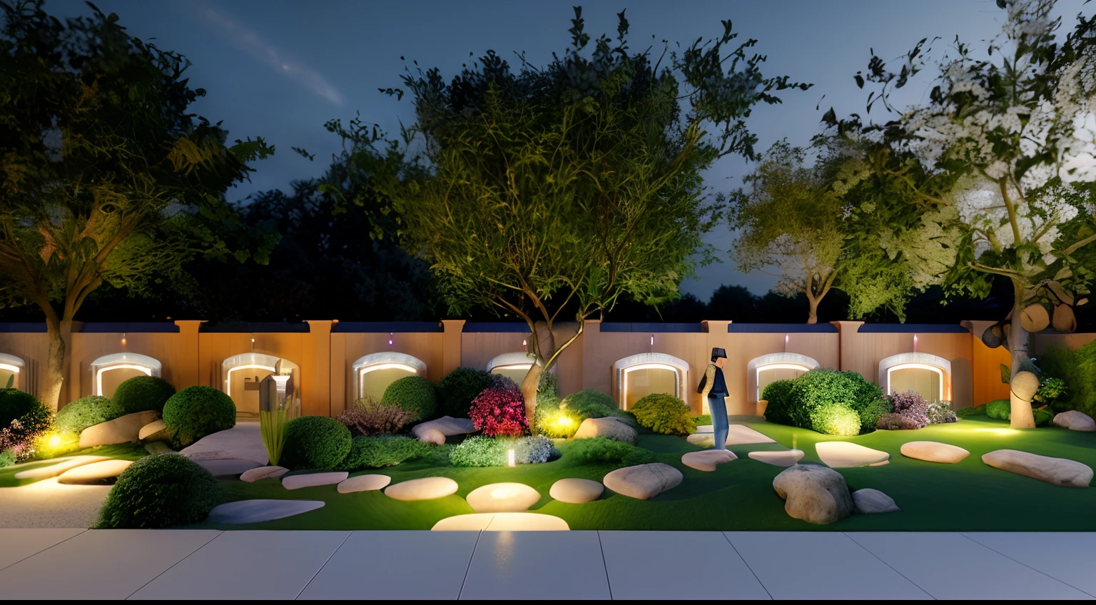 there is a small garden with a lot of trees and flowers, realistic garden, garden with fruits on trees, garden landscape, royal garden landscape, beautiful garden on background, realistic fantasy render, garden environment, in style of 3d render, lush garden in the background, suburban garden, lush garden surroundings, high quality rendering, rendering, photorealistic style, beautiful ancient garden behind,night scene,many very bright ((multi-colored LED lights))