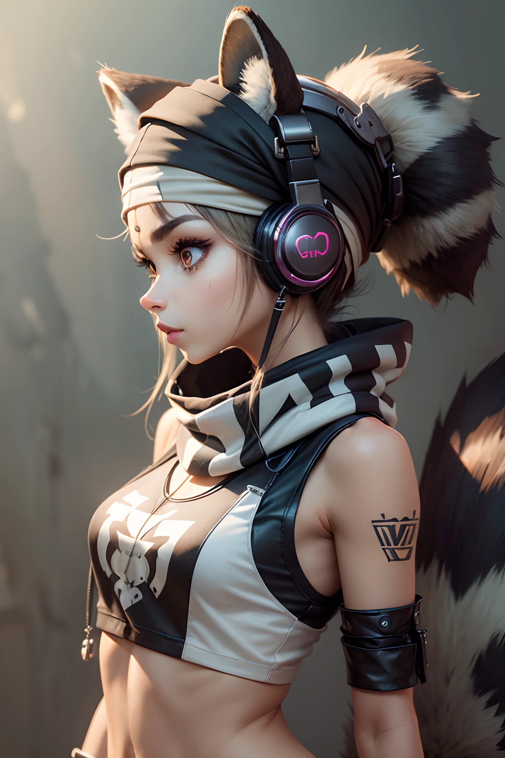 roovy female raccoon face and ears, with human body, 3/4 profile portrait, modern fashionable, funky accessories such as , headphones, sword, bandana, etc