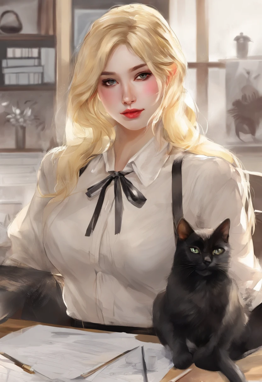 nsfw, masterpiece, (best quality:1.2), (sharp focus:1.2),, 1 girl, slim girl,, (blonde|light_yellow hair), cat ears,, detailed face, young|cute face, blush, evil smile,, natural breasts, thin arms,, white collared shirt with black tie, black choker,, in a modern office, indoor