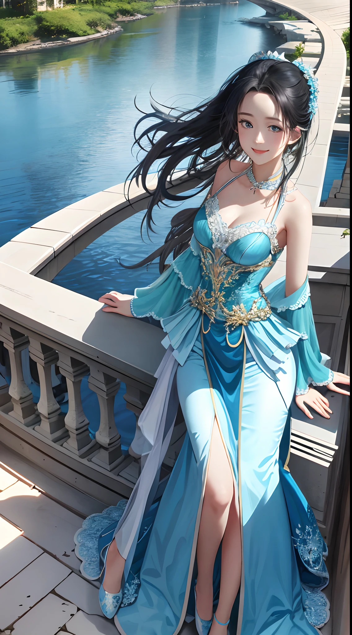 tmasterpiece， Best quality at best， 1 rapariga，Liu Yifei， Aqua blue eyes， Medium hair， blue gown with white lace， mediuml breasts， Blushlush， Light smile，