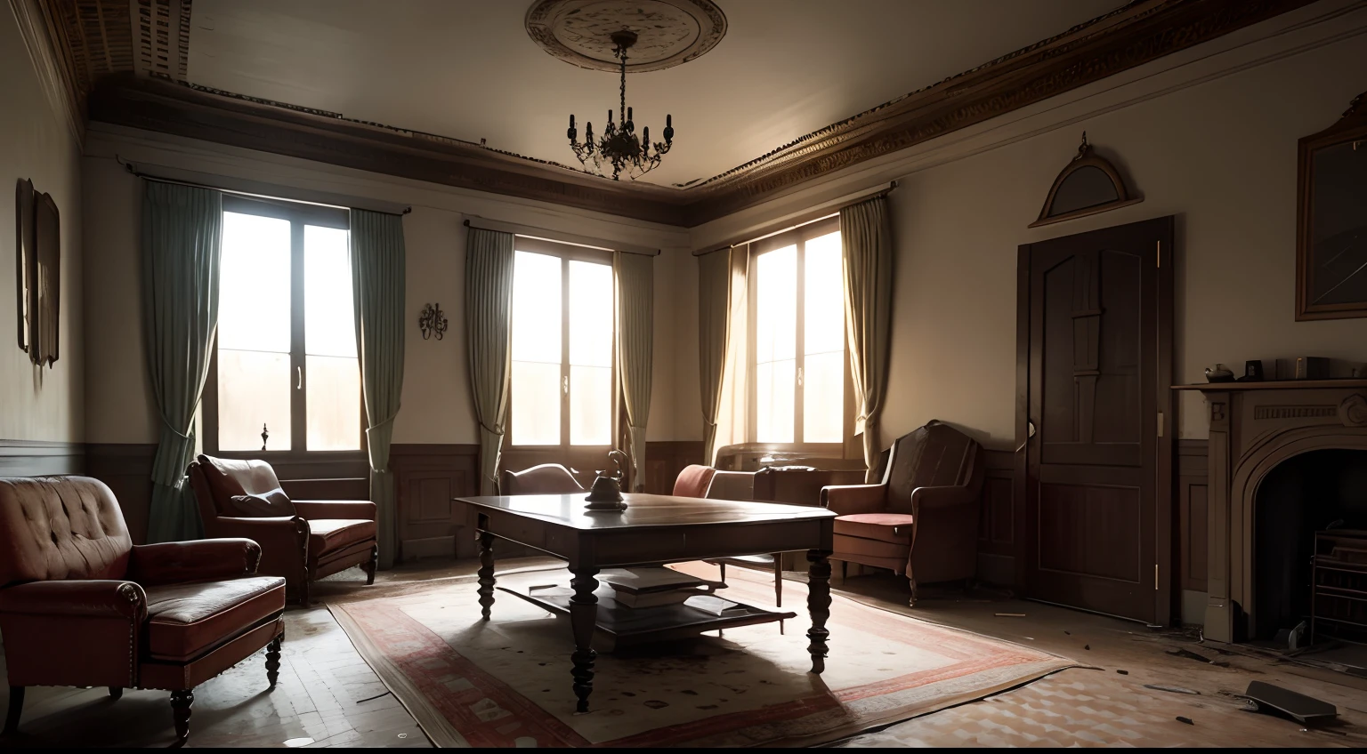 house, interior, horror style, abandoned, 1920, night, full moon, large windows, furnished living room, armchairs, table, lamps, desk, furniture, year 1920, colonial