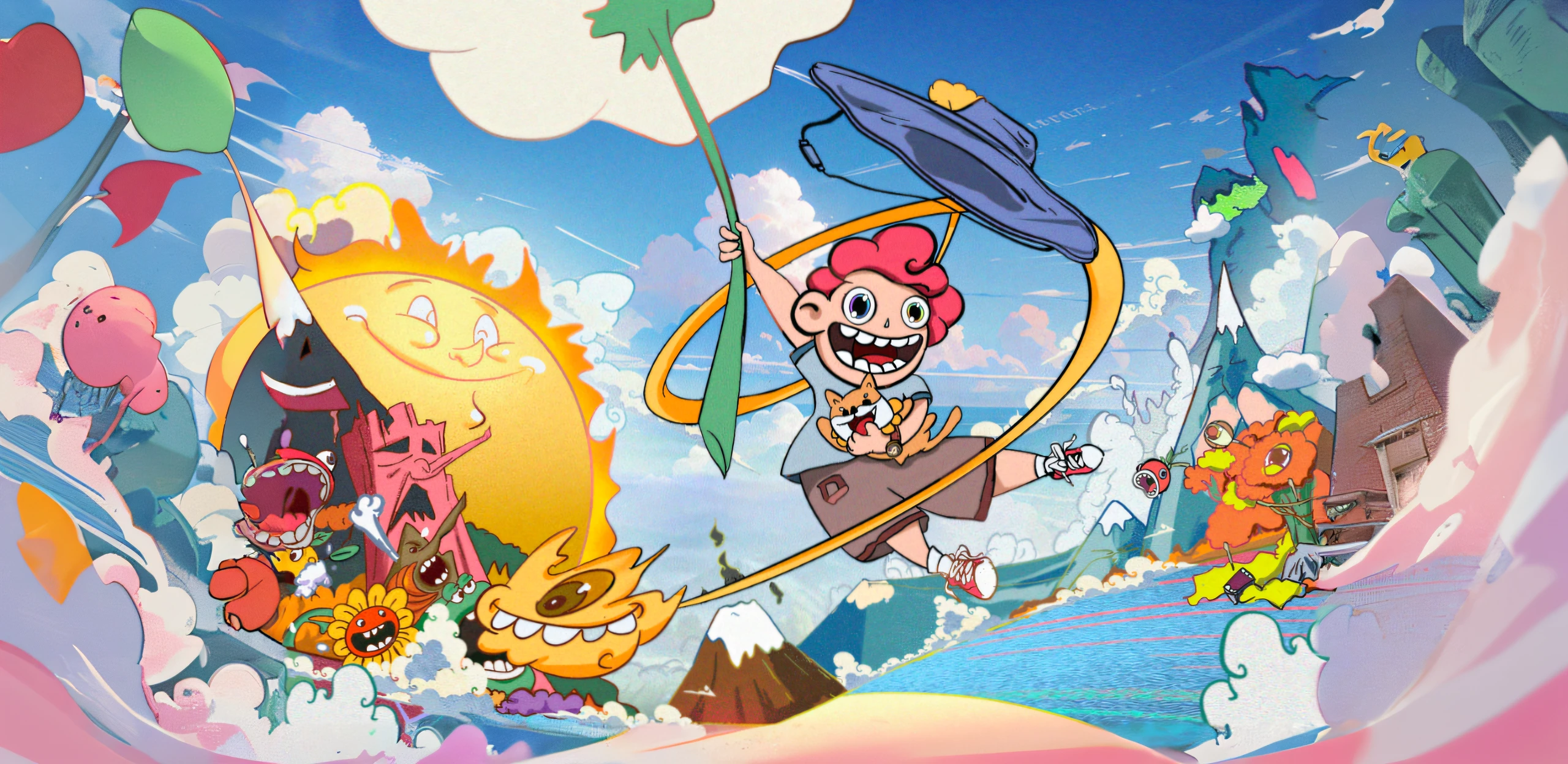 Cartoon characters fly in the sky with kites and dragons, promotional art, Official artwork, offcial art, key art, cuphead’s art style, Cartoon Network, production art, fish hooks, promo art, cartoon network stillframe, grimes - book 1 album cover, style of jojolion cover art, An anime cover, Album art, cuphead, Official anime artwork