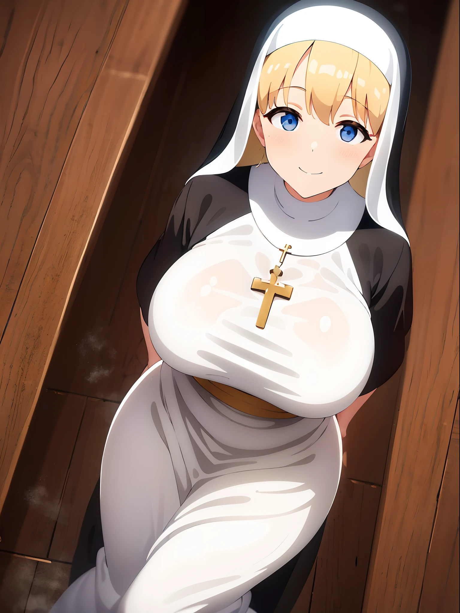 1girl, blond hair, smile, Catholic nun, smile, ((large breasts)), white background, ((sweat)), full body shot, church