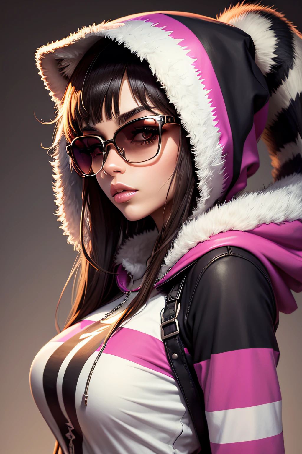 groovy human female raccoon 3/4 profile portrait, modern fashionable woman, funky accessories such as sunglasses, hat, sward, hood etc