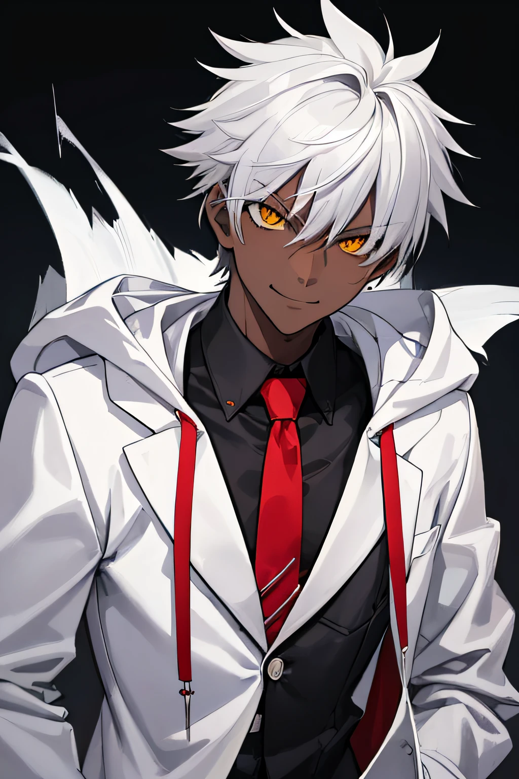 Male teen boy, MALE, (masterpiece, best quality), KujouCSA, BREAK, 1boy, (Teenager) alone, white school uniform, gray jacket, open jacket, red tie, pale yellow eyes, gray hair, spiky hair, evil smile, fang, intimidating expression, dark skin, dark-skinned man, aesthetic (Good Anatomy), black hoodie, hood, looking at viewer, upper body shot, Boku no Hero classroom, REST