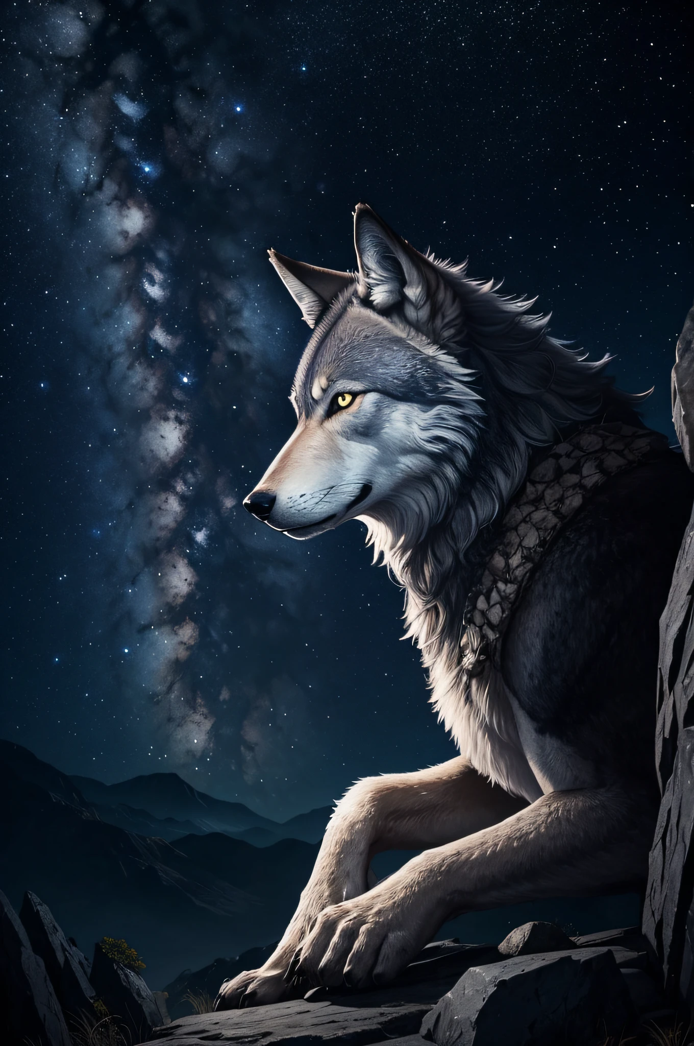 close up, The Wolf King, with a scar over its wolfish eyes, stands upon a rocky outcrop, gazing into the distance beneath the Milky Way on a moonlit night. Seen from a 45-degree angle, one can observe the entirety of the Wolf King's majestic form
