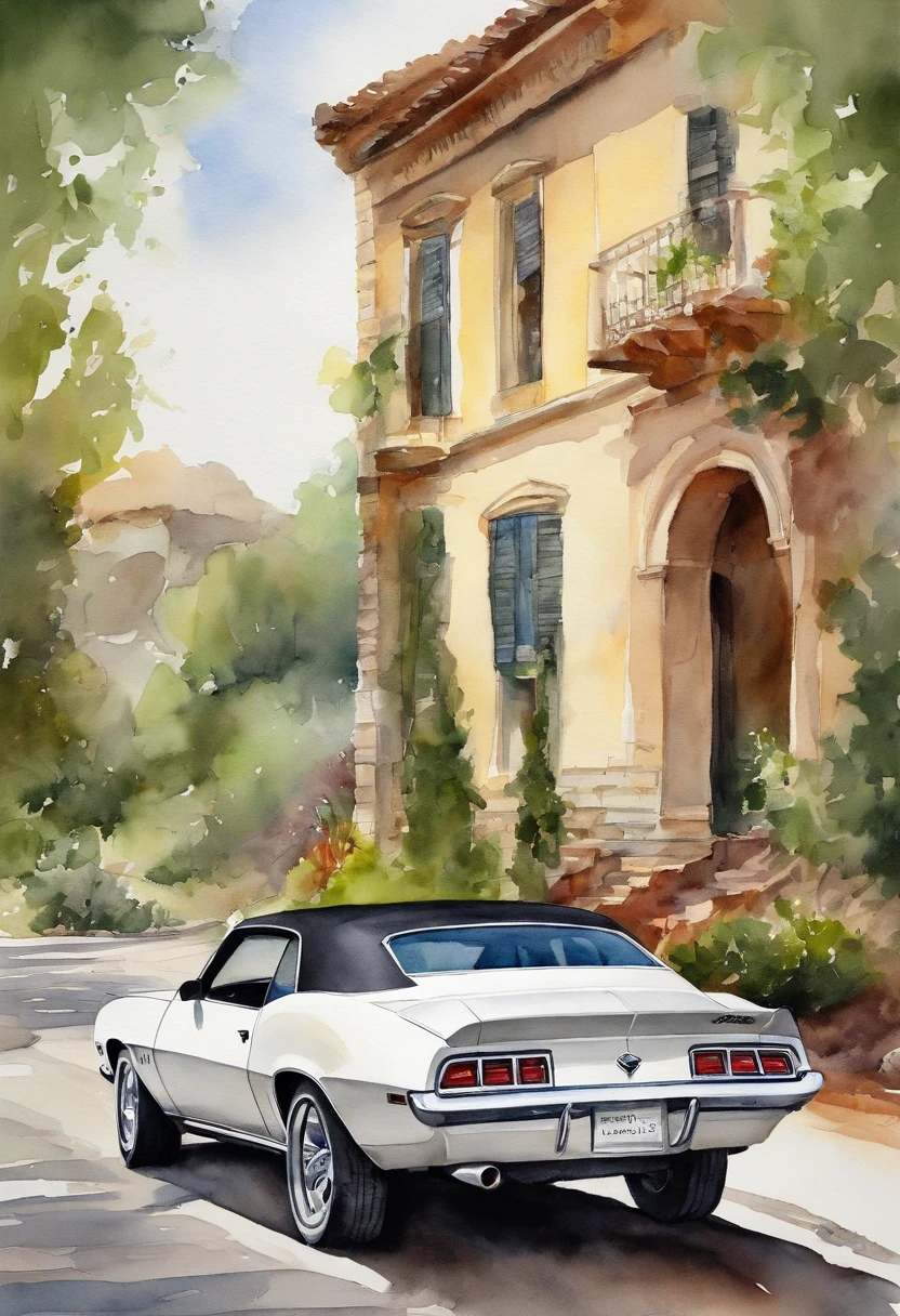Realistic (chevrolet camaro SS from 2010) All white body with black hood, park in front of house, hot girl best quality, sitting next to the hood