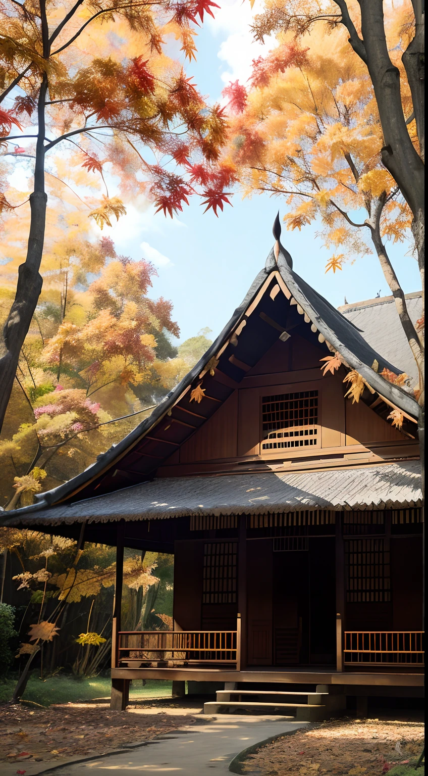 vast big house, traditional Joglo, javanese house , traditional vernacular house of the Javanese people  in Indonesia, in autumn. ((maple leaf)) rogowoarboretum,