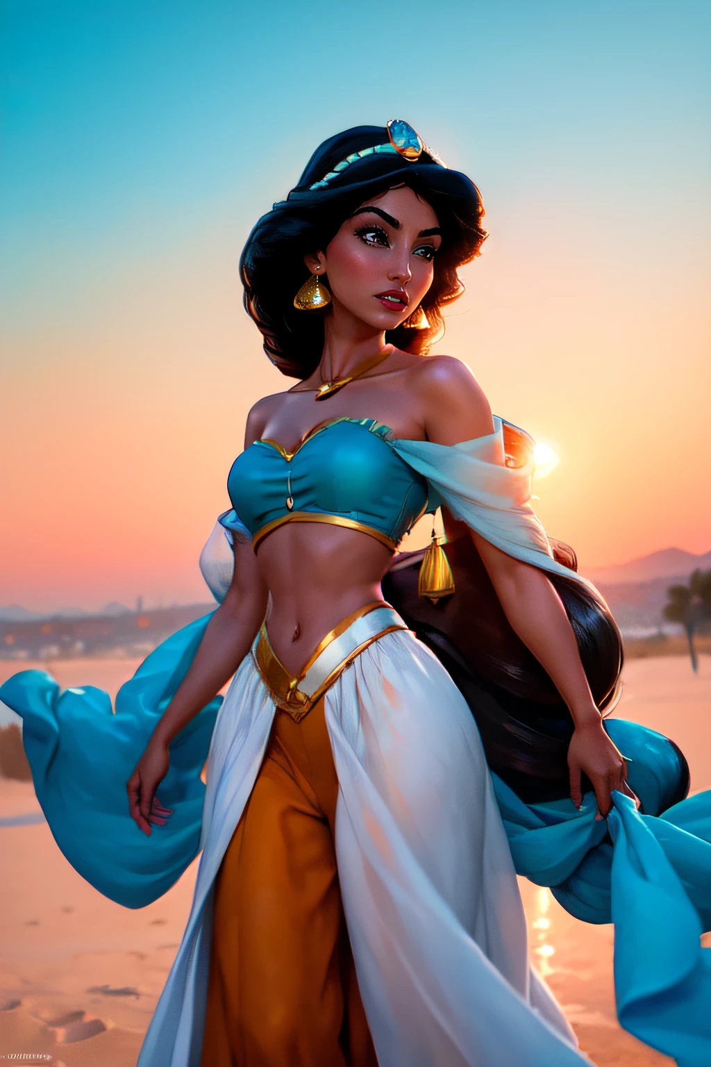 (obra maestra, La mejor calidad, Altas Resoluciones:1.2), detallado, Detalles intrincados, 4k, 1girl, (solamente:1.2), Jasmine, Cabello largo, senos, cabello negro, ombligo, escote, hombros desnudos, brown eyes, jewely, pendientes, diafragma, dark skin, cuello, fuera del hombro, Borrosa, hembra de piel oscura, Recortar arriba, Camisa azul, Camisa sin hombros, arabian clothes, Mirando al espectador al aire libre,, Princess Jasmine flying on the magic carpet, (volar:1.5) la ciudad de Bagdad se extiende debajo de ellos puesta del sol, Hora dorada, volar, flotante:1.3
