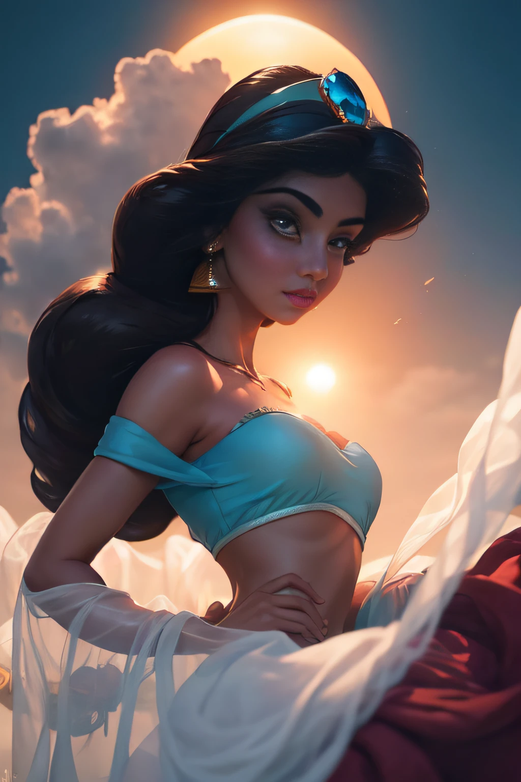 (obra maestra, La mejor calidad, Altas Resoluciones:1.2), detallado, Detalles intrincados, 4k, 1girl, (solamente:1.2), Jasmine, Cabello largo, senos, cabello negro, ombligo, escote, hombros desnudos, brown eyes, jewely, pendientes, diafragma, dark skin, cuello, fuera del hombro, Borrosa, hembra de piel oscura, Recortar arriba, Camisa azul, Camisa sin hombros, arabian clothes, Mirando al espectador al aire libre,, Princess Jasmine flying on the magic carpet, (volar:1.5) la ciudad de Bagdad se extiende debajo de ellos puesta del sol, Hora dorada, volar, flotante:1.3, above clouds, Scenery