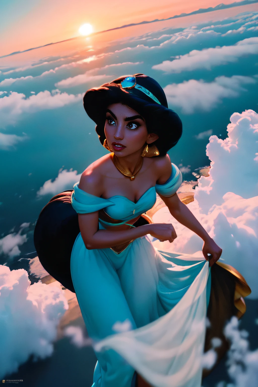 (obra maestra, La mejor calidad, Altas Resoluciones:1.2), detallado, Detalles intrincados, 4k, 1girl, (solamente:1.2), Jasmine, Cabello largo, senos, cabello negro, ombligo, escote, hombros desnudos, brown eyes, jewely, pendientes, diafragma, dark skin, cuello, fuera del hombro, Borrosa, hembra de piel oscura, Recortar arriba, Camisa azul, Camisa sin hombros, arabian clothes, Mirando al espectador al aire libre,, Princess Jasmine flying on the magic carpet, (volar:1.5) la ciudad de Bagdad se extiende debajo de ellos puesta del sol, Hora dorada, volar, flotante:1.3, above clouds, Scenery