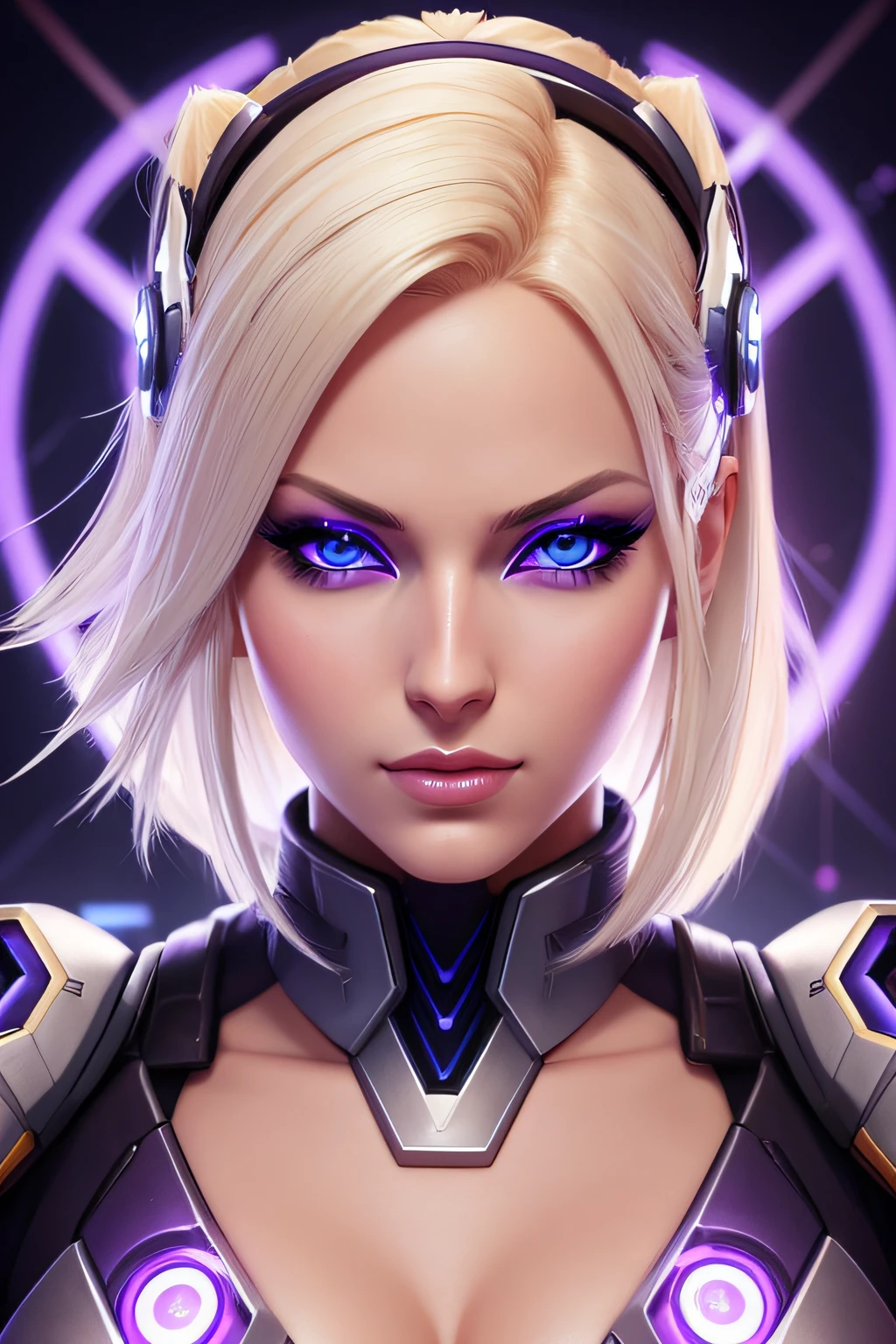 blond blue eye look symmetry portrait of diva from overwatch, closeup, sci - fi, tech wear, glowing purple lights intricate, elegant, highly detailed, digital painting, artstation, concept art, smooth, sharp focus, illustration, sexy look