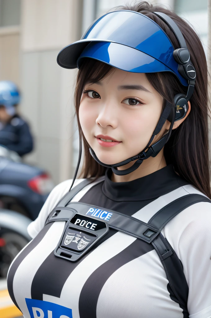 Highest image quality, outstanding details, ultra-high resolution, (realism: 1.4), highly condensed 1girl, with a delicate and beautiful face, a bit chubby, ((from front)), ((close up:0.75)), (wearing racing suit likes police uniform, black and gray mecha, wearing military harness, a high-tech visor), (smile:1), no body, fires, smokes,(tired and sleepy and satisfied:0.0), face closeup, t-shirts, (Increase body line mood:1.1),