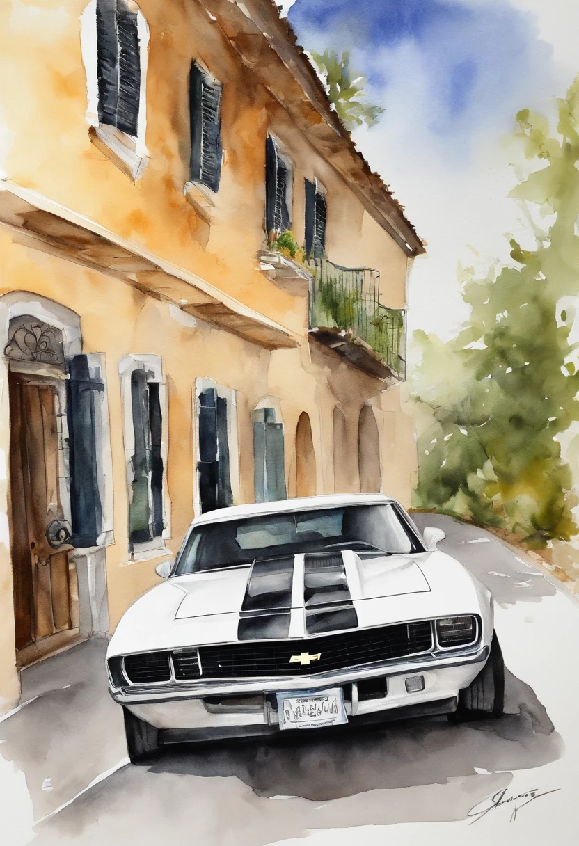 Photorealistic: 1.1 (chevrolet camaro SS from 2010) All white body with black hood, park in front of house, hot girl best quality, sitting next to the hood