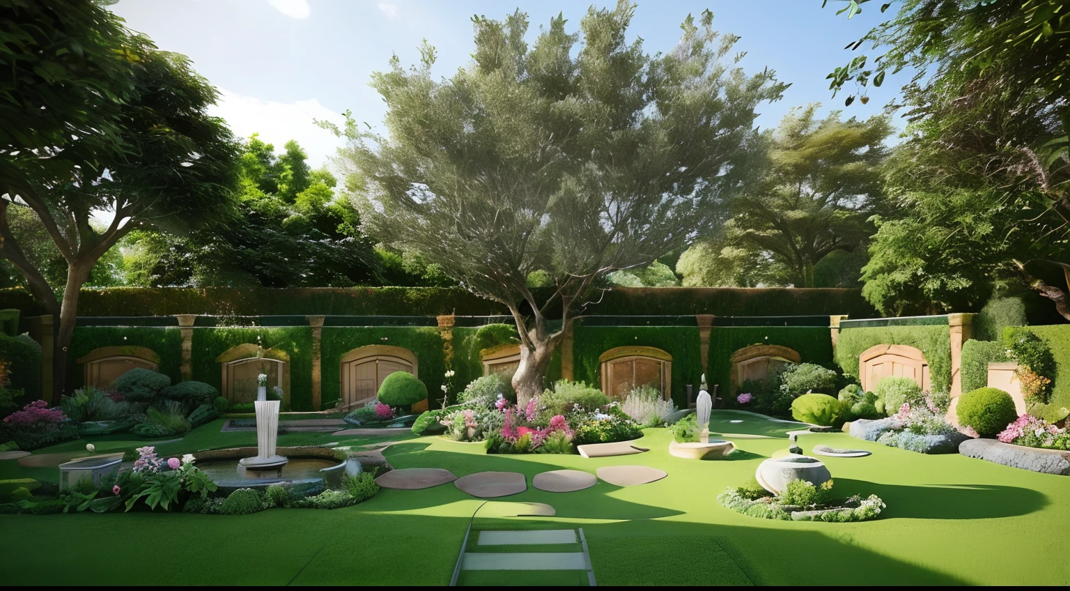 there is a small garden with a lot of trees and flowers, realistic garden, garden with fruits on trees, garden landscape, royal garden landscape, beautiful garden on background, realistic fantasy render, garden environment, in style of 3d render, lush garden in the background, suburban garden, lush garden surroundings, high quality rendering, rendering, photorealistic style, beautiful ancient garden behind