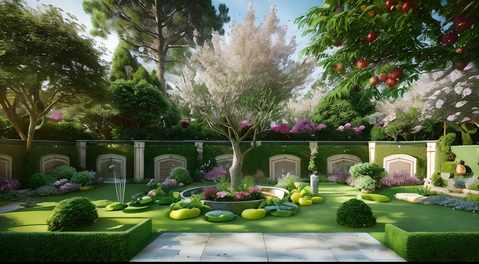 there is a small garden with a lot of trees and flowers, realistic garden, garden with fruits on trees, garden landscape, royal garden landscape, beautiful garden on background, realistic fantasy render, garden environment, in style of 3d render, lush garden in the background, suburban garden, lush garden surroundings, high quality rendering, rendering, photorealistic style, beautiful ancient garden behind