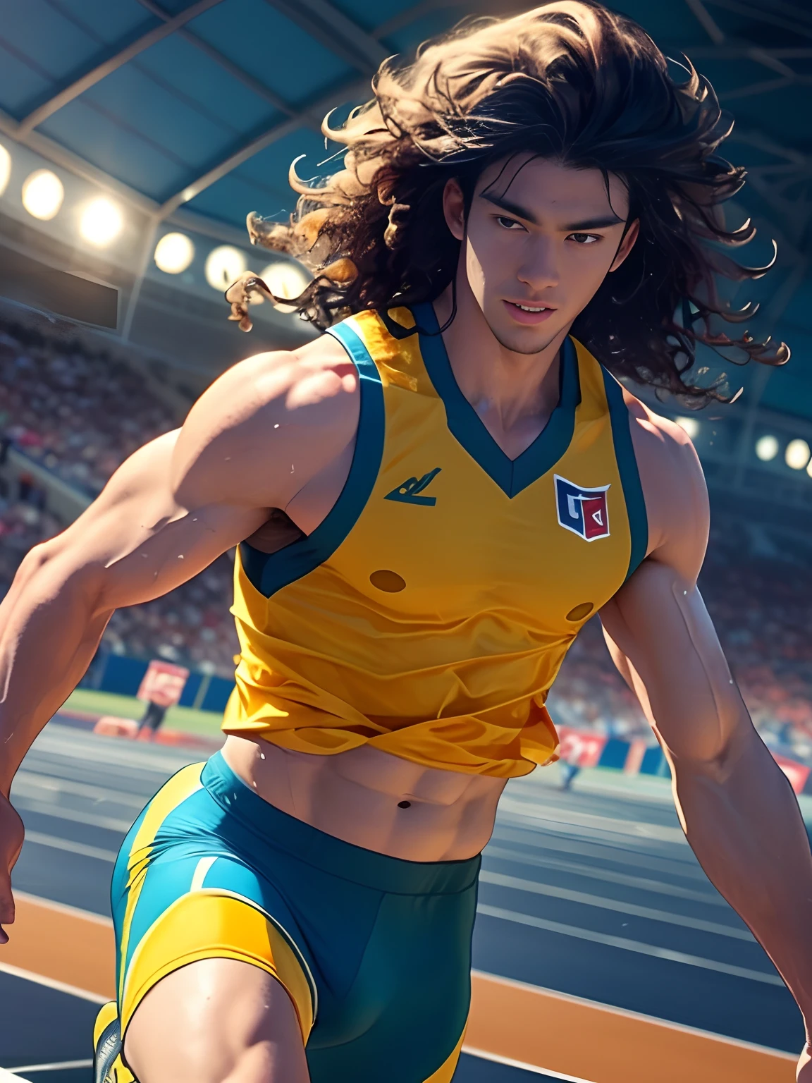 Strong male athlete, Wear high-end sportswear,Long flowing curly hair, Lifelike depiction, Sprint to the finish line,drenched all over the body,4K 分辨率. The stadium was packed with cheering crowds,detailedbackground,32k ULTRAHD, Best quality, Masterpiece, Super detail, High details