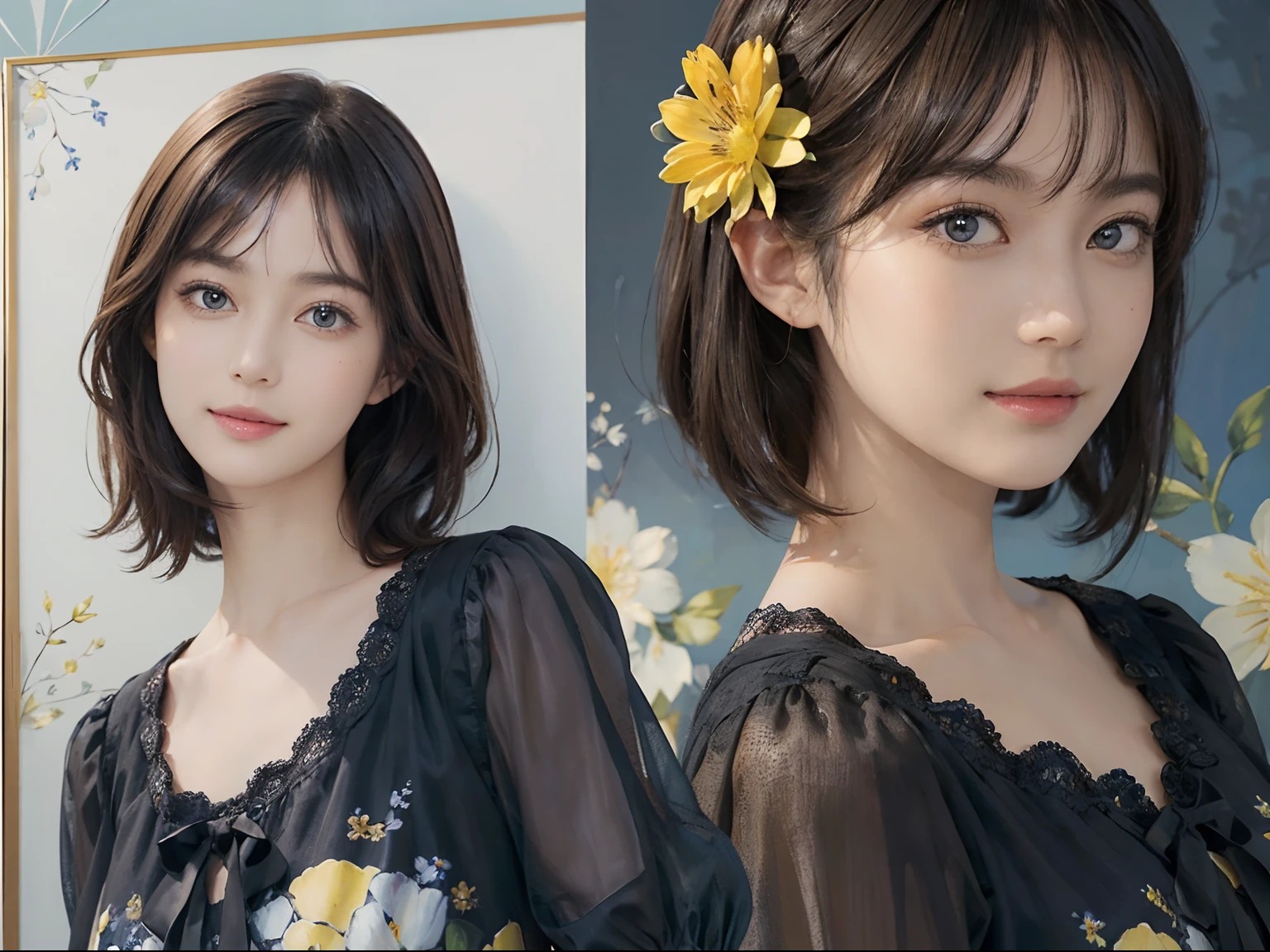 (((Black Shorthair))), (Louvre Museum), Pose Seductive, (A hyper-realistic), (Illustration), (Increased resolution), (8KUHD), (Extremely detailed), (Best Illustration), (Beautiful and detailed eyes), (Best Quality), (ultra-detailliert), (masutepiece ), ( Wallpaper), (Detailed face), Solo, (One woman dressed in blue and yellow), (Floral clothing), (Breast bulge), Fine details, Detailed face, Deep Shadows, lowkey, pureerosfaceace_v1, Smiling, 46 point slanted bangs, (Stand in front of an abstract painting)