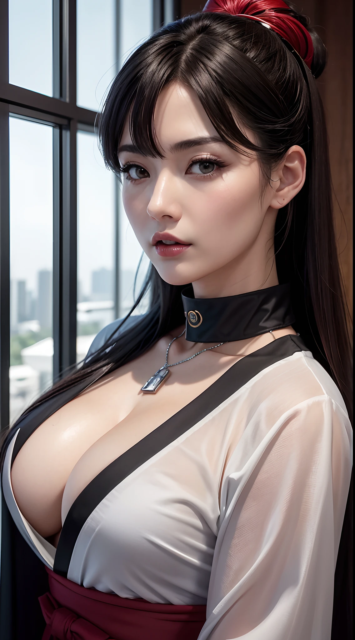 (hyper realstic)、Modern kunoichi、(Female Ninja of the 21st Century)、Beautie high-level image quality hight resolution Realistic Shorthair、Woman with dark hair、A MILF、Middle-aged woman、Big big、Detailed red-black 、detailed skin textures、超A high resolution、Realistic、Voluptuous body shape、angry looking face、Middle-aged beauty、Beautiful expression、With detailed red-black areola 、detailed brown eyes、long fluffy hair、Kamimei、Very delicate and detailed skin texture、35 years old、{(heliport)There is a(Being on the roof of a skyscraper)}、Modern kunoichi、Large cleavage、Large open neckline、bright red lips、Wearing a luxurious and luxurious ninja kimono in Gun Metallic、ear ornament、Silver collar and necklace、gorgeous hair decoration、