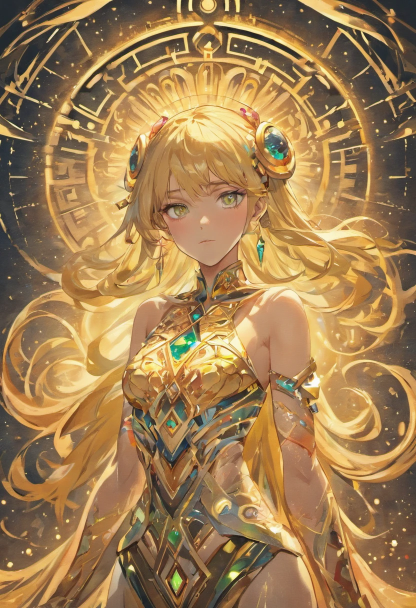 Stunning, Beautiful 35 years old Latin Brazilian Woman Goddess of Multiverse, Impossing, Athletic Body, Suntan Skin, Wearing Egyptian Jewels Futuristic Cut Armor with Bracelets and with Intricate Isometric Fluid Galaxy Bioluminescence Effects, symmetrical, with Galaxies orbiting her body, perfect detailed face, detailed symmetric circular Green iris pupils, ((Gorgeous Long Blonde Fluid Hair)), Realistic, intricately detailed, cinematic, Isometric, awesome full color, gritty, mucha, klimt, 16k, hight definition, cinematic, neoprene, behance contest winner, portrait featured on unsplash, smooth, ultra high definition, ultra sharp focus, intricate artwork masterpiece, ominous, epic, TanvirTamim, trending on artstation, highly detailed, vibrant