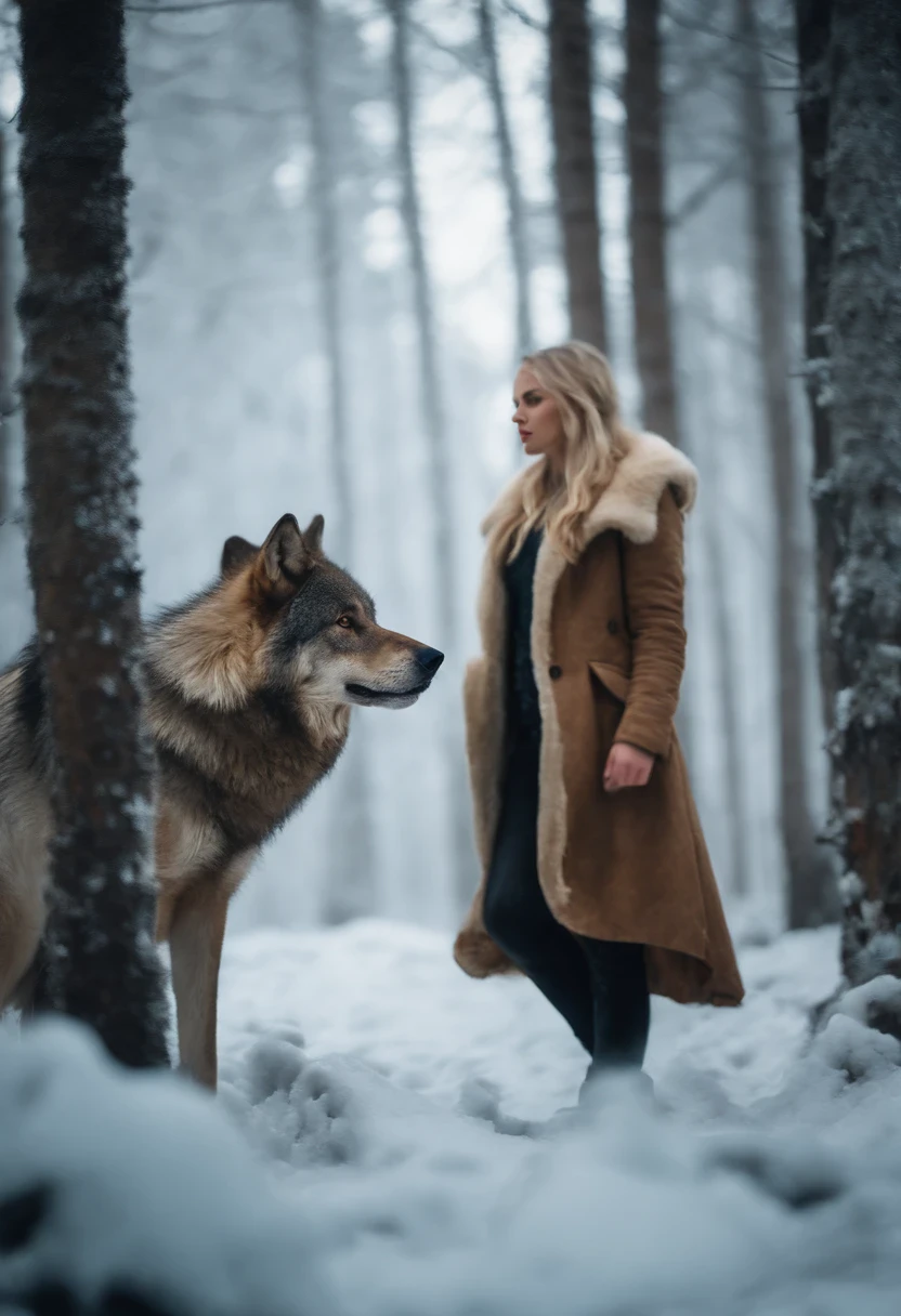 Blonde girl in the icy forest next to a big brown wolf.