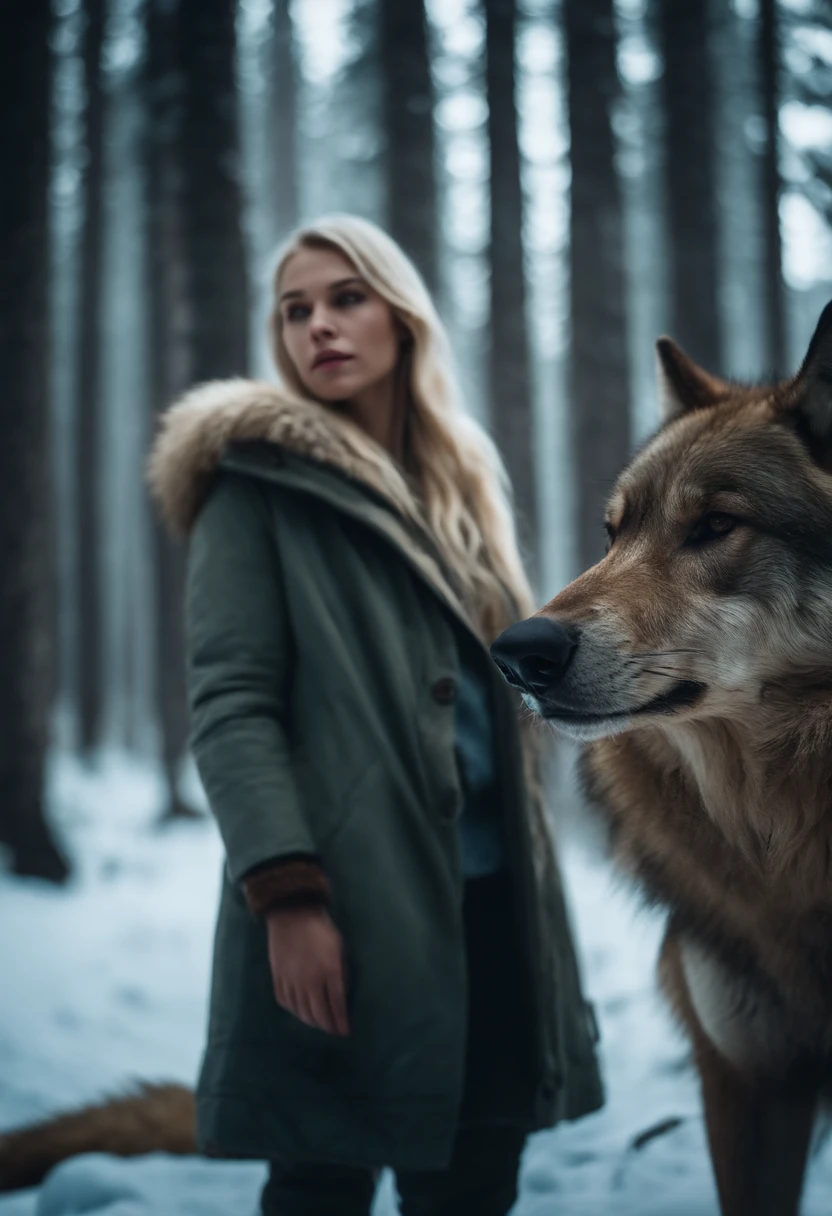 Blonde girl in the icy forest next to a big brown wolf.